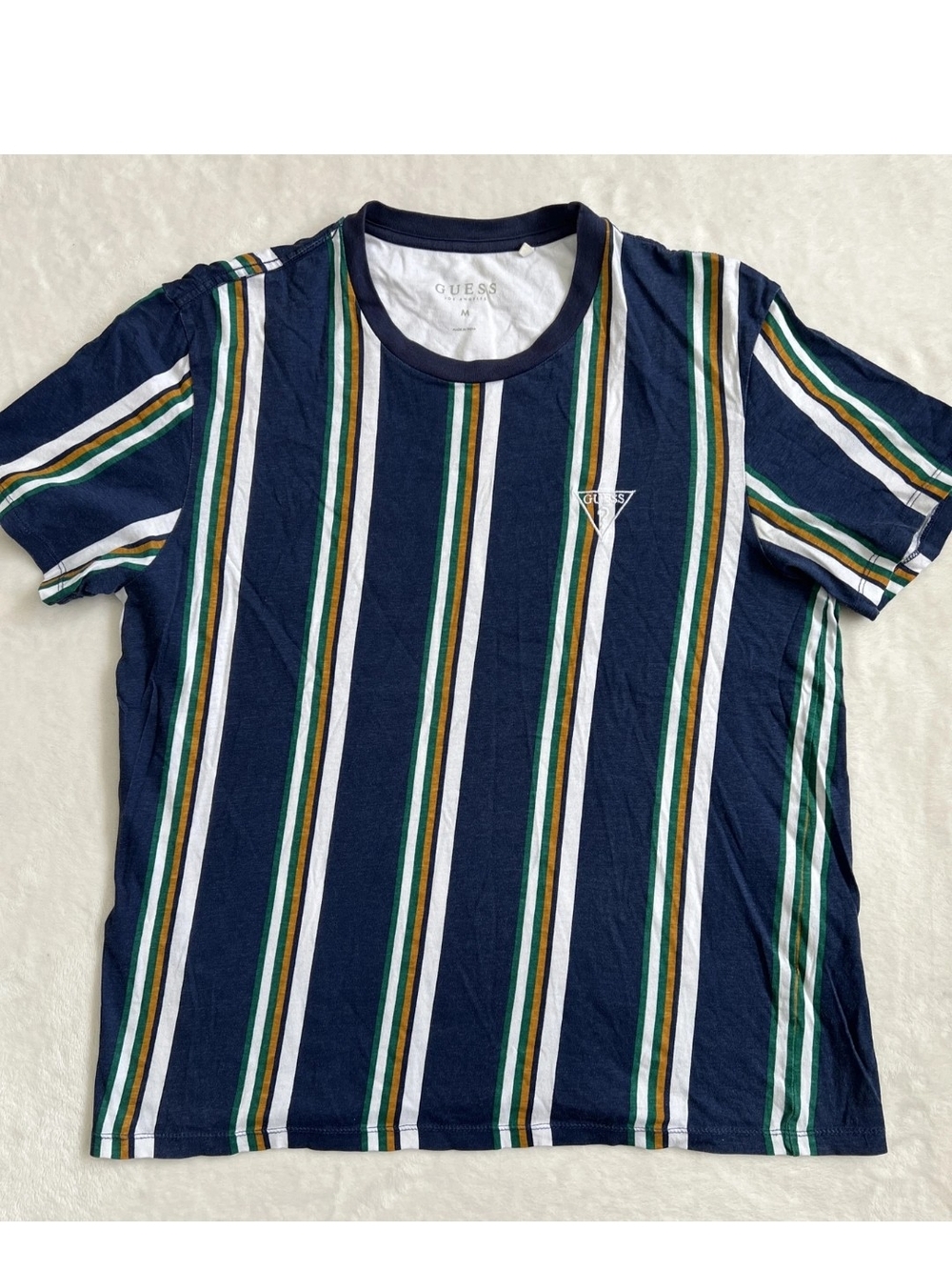 2 Guess Navy Striped Tee with Green & White Accents & Logo Shirt XXL